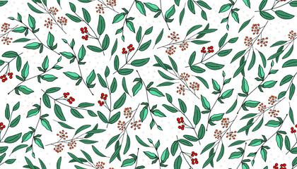 Floral plant seamless background, plants with flowers and berries.. PNG illustration