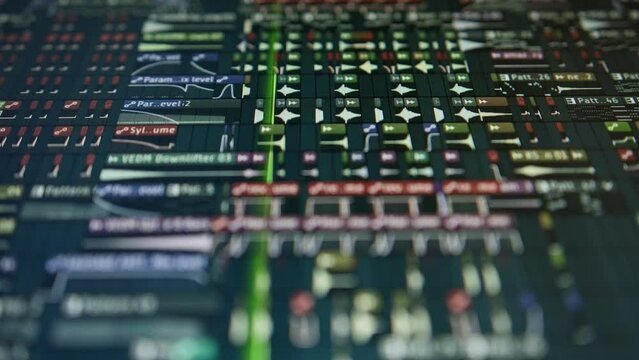 sequencer with a huge musical project - the playhead moves along the music track. Creating music on a computer, screen