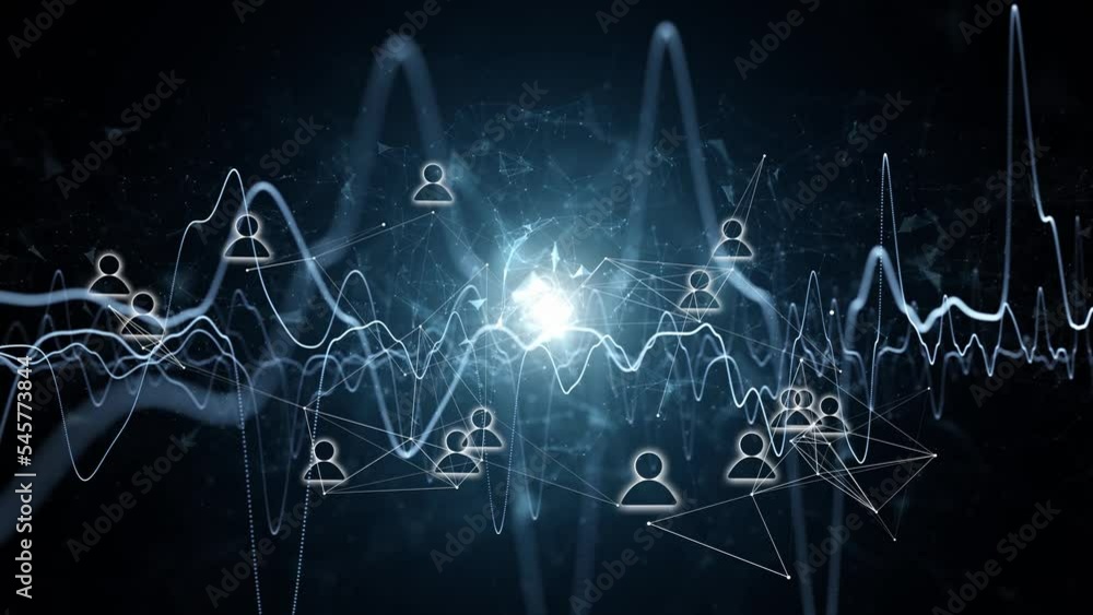 Poster digital metaverse cyberspace with looped people icons and graphs animation.