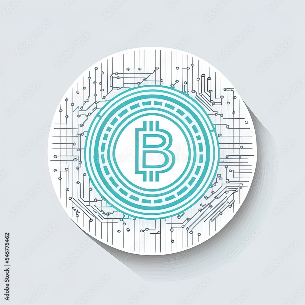 Poster white cryptocurrency concept bitcoin in circle with microchip circuit line icon isolated with long s