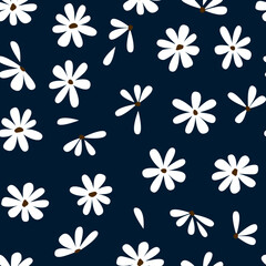 Fototapeta na wymiar Seamless background with primitive childish floral pattern. Simple minimalistic background, cute white flowers in boho style on a blue background. 