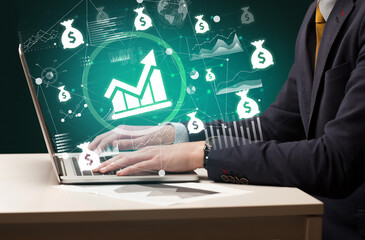 Business hand working on laptop, successful business concept