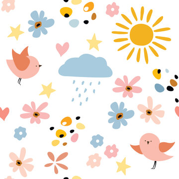 seamless childish pattern of sun, clouds, birds, hearts doodle drawing hand sketch. Children's drawing. Print for children's clothing, fabric, paper