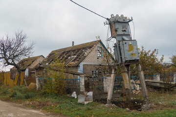 Countryside. An electrical transformer damaged by shelling. War in Ukraine. Russian invasion of...