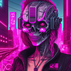 Obraz premium Cyberpunk skull character, futuristic cyborg, neon, monster, skeleton, horror, future, art illustration 
