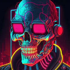 Cyberpunk skull character, futuristic cyborg, neon, monster, skeleton, horror, future, art illustration 