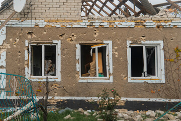 Countryside. House destroyed by shelling. War in Ukraine. Russian invasion of Ukraine. Destruction...