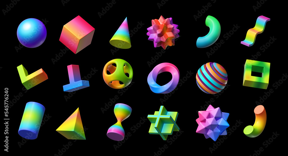 Wall mural 3d render. Collection of assorted geometric shapes. Set of different icons, signs and symbols. Colorful objects with gradient. Clip art isolated on black background