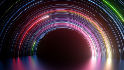 3d render, abstract neon rainbow isolated on black background. Colorful glowing lines and laser rays - obrazy, fototapety, plakaty