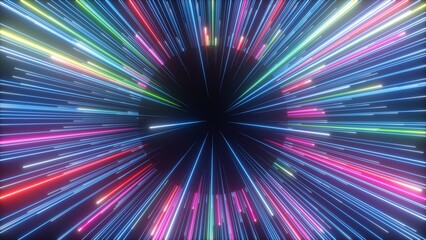3d render, abstract background with colorful firework, neon glowing lines and falling stars. Black hole and meteor shower