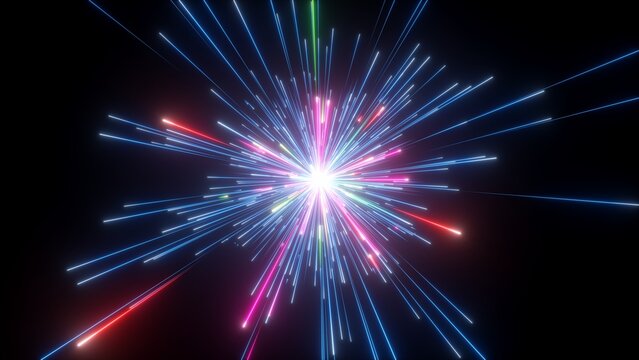 3d rendering, abstract colorful background of bright neon stars and glowing lines. Festive firework in the night sky. Space meteor shower