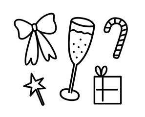 Christmas elements doodle set 2023. Christmas and new year attributes: bow, star, gift box, lollipop, glass of champagne. Line art isolated on white background. Hand drawn outline vector illustration.