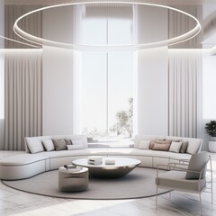 3d rendering,3d illustration, Interior Scene and Mockup,living room white wall,sofa and chairs modern,a circular the ceiling.