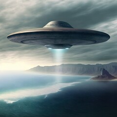 Fototapeta na wymiar A Flying saucer hovering over a ocean.