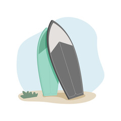 Vector vacation design - surfboards on the beach against a sunny seascape. Summer active holiday concept
