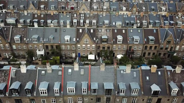Aerial Drone view of Kartoffelraekkerne. Copenhagen most historical city parts means the potato rows. City houses side by side in 11 streets. Plenty of Houses in rows. 