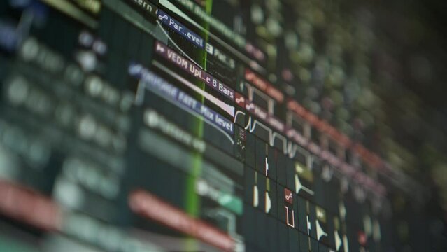 sequencer with a huge musical project - the playhead moves along the music track. Creating music on a computer, screen