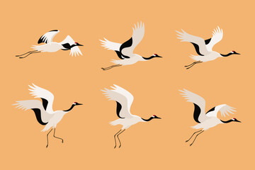 Red-crowned japanese crane. Cute bird in different poses. Vector illustration for prints, clothing, packaging, stickers.