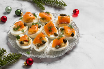 delicious smoked salmon deviled eggs with capers and dill