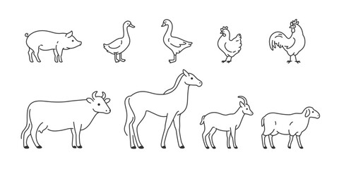 Cute animals icons set - horse, cow, goat, sheep, pig, duck, chick, goose, cock. Vector illustration with farm animals in cartoon style.