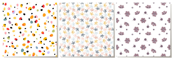 Set Vector abstract seamless pattern with geometric floral simple ornaments, dots,   childish floral pattern. Pink, blue, orange  flowers on a White  Floral baby background 