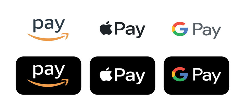 Buttons of online popular payment systems: Amazon pay, Apple pay, Google pay on transparent background. EPS and PNG file for your business.