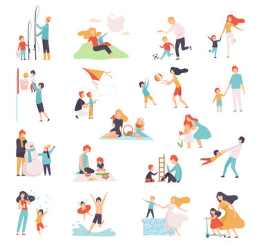 Parent and Their Children Spending Good Time Together Big Vector Set