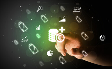 Businessman finger touching on screen multimedia interface with hand drawn currency icons