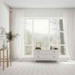 Idea of a white scandinavian room interior with dresser on the wooden floor and large wall and white landscape in window. Home nordic interior. 3D illustration