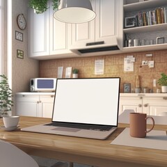 Telecommuting concept with blank white laptop display in cozy kitchen interior with light furniture, diary and mug of coffee. Mockup. 3D rendering