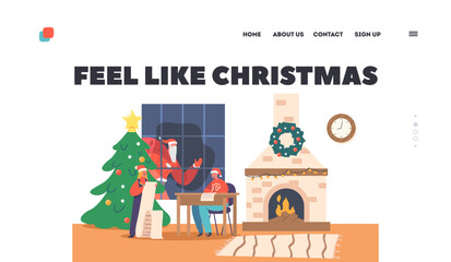 Christmas Night Landing Page Template. Children Write Letter to Santa Claus. Little Characters Wear Red Hat