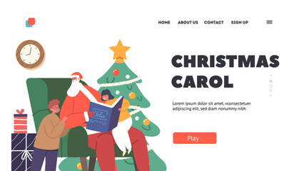 Christmas Carol Landing Page Template. Children Sit on Santa Claus Knees Listen Stories. Father Noel Character