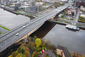 Aerial view of the Kingston Bridge over the River Clyde and M8, M74 Motorway