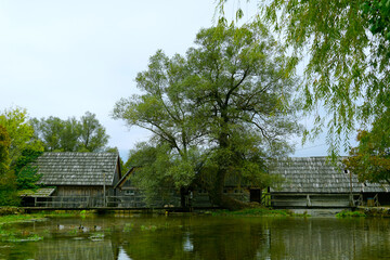 A view of the green lake surrounded by old wooden houses