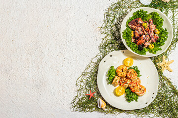 Set of salads with grilled shrimp and octopus, vegetables and spices. Fresh and healthy seafood