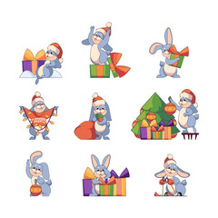 Set Of Cute Christmas Rabbits, Cartoon New Year Bunny, Funny Xmas Animal Personages In Santa Hat And Sweater