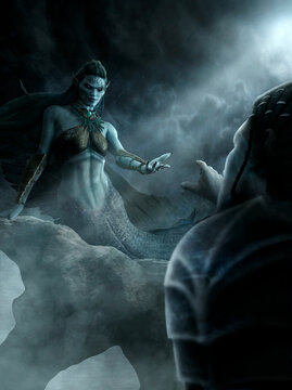 The sea fantasy creature, mysterious siren with long hair extends her hand to the man, luring him to her. A dark mermaid lies on a sharp rock at night under the rays of a bright moon, 3d illustration.