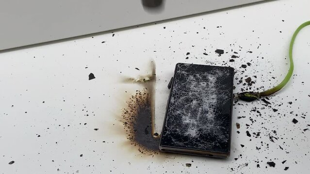 Broken phone. Hammer hitting the display breaks the mobile phone. Mobile smartphone with a broken screen. Drop Test. Hammer Durability. Hammer vs mobile display. Smashing the Phone. Breaking display.