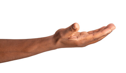 Man extending arm to show something on an open hand or ask for support and care - Powered by Adobe