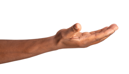 Man extending arm to show something on an open hand or ask for support and care