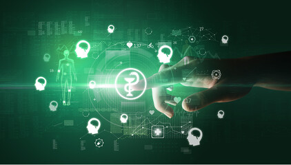 Doctor hand pressing futuristic health device with medical symbol on screen