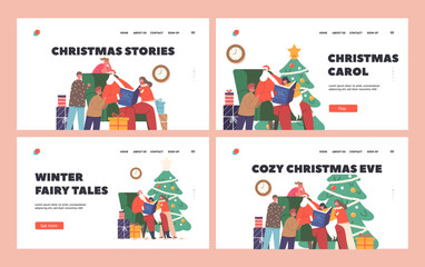Fototapeta premium Christmas Eve Landing Page Template Set. Santa Claus Character Read Stories to Children, St Nicholas Sitting on Armchair