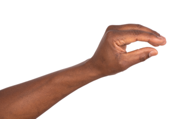 Hand holding a virtual small object isolated on white background