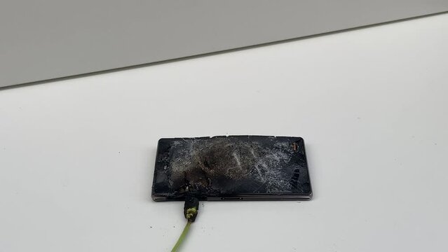 Broken phone. Hammer hitting the display breaks the mobile phone. Mobile smartphone with a broken screen. Drop Test. Hammer Durability. Hammer vs mobile display. Smashing the Phone. Breaking display.