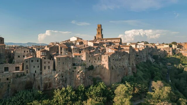 Pitigliano - ancient etruscan italian town in Tuscany in Italy. Aerial view from drone.