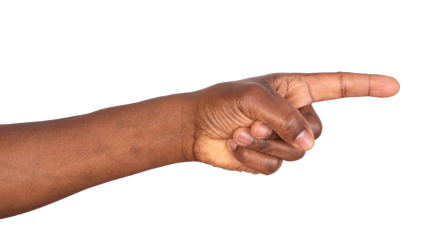 Man pointing finger in order to show something, isolated on white or transparent background 