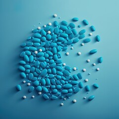 Many pills scattered on a blue background in the form of a human embryo 3D illustration