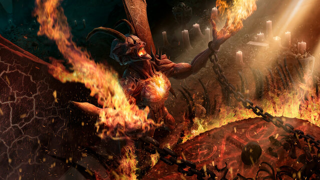 The Fallen Angel kneels before the altar with his hands raised among the bones and candles. Dark fantasy character, scary, fiery demon in chains with horns and wings screams in hell, 3d illustration.