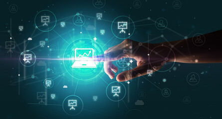 Businessman hand pressing stock graphic information on multitouch screen