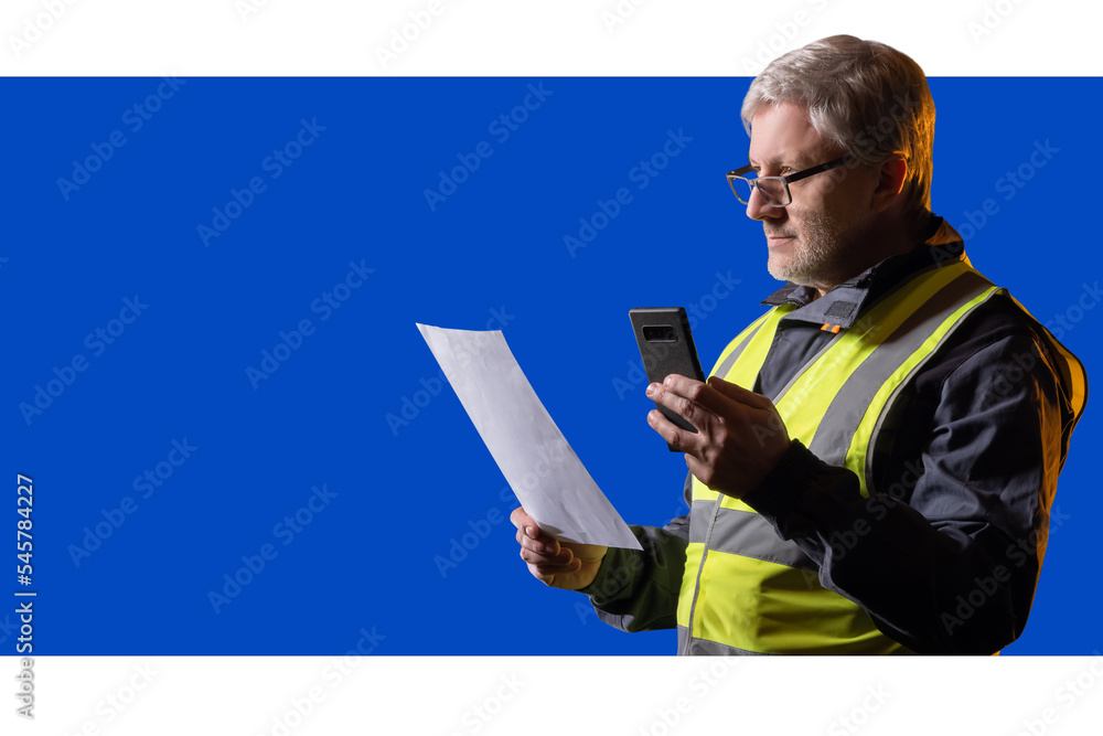 Poster man on inspector. engineer in reflective vest. gray-haired man with phone and sheet of paper. experi